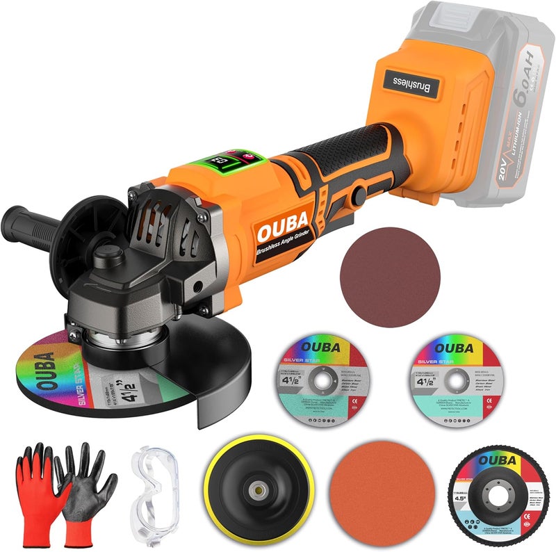 OUBA Cordless Angle Grinder Power Tools, Compatible with Dewalt 20V Max Battery Grinder Tool, Brushless Motor with LED, 3 Variable Speed, 4-1/2" Cutting Whee, Flap Disc Grinding (No Battery), Orange - Image 1